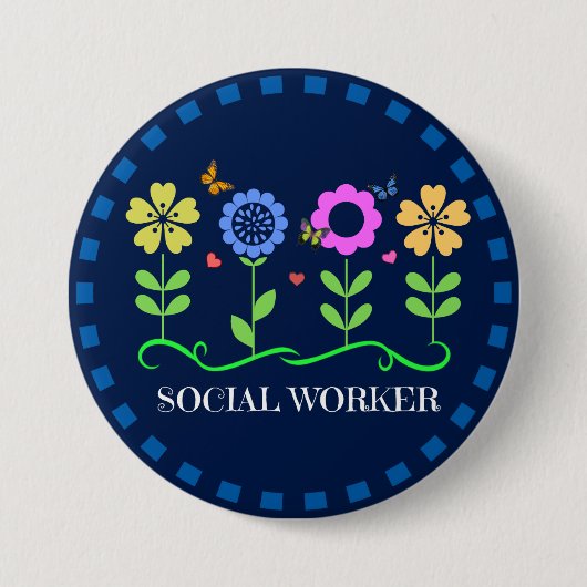 Sociale werkers, bloemen en botervliegen ronde button 7,6 cm (Voorkant)