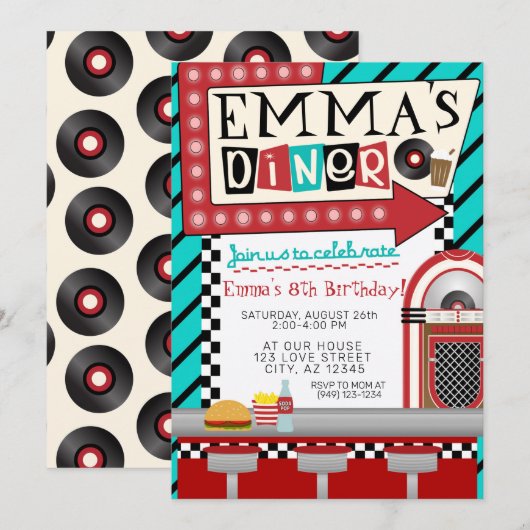 Sock Hop 50's diner juke box & records Birthday Kaart (Voorkant / Achterkant)