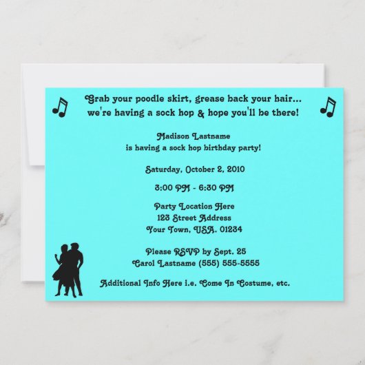 Sock Hop Fifties Dance Theme Party Uitnodigingen (Achterkant)