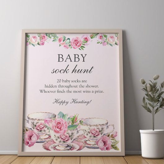 Sock Hunt Baby shower Spel  Thee Cups Roze Poster