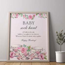 Sock Hunt Baby shower Spel Thee Cups Roze Poster