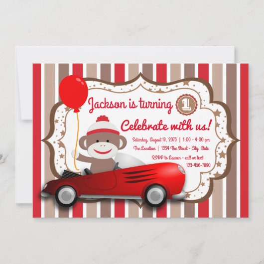 Sock Monkey 1st Verjaardag Uitnodiging (Voorkant)