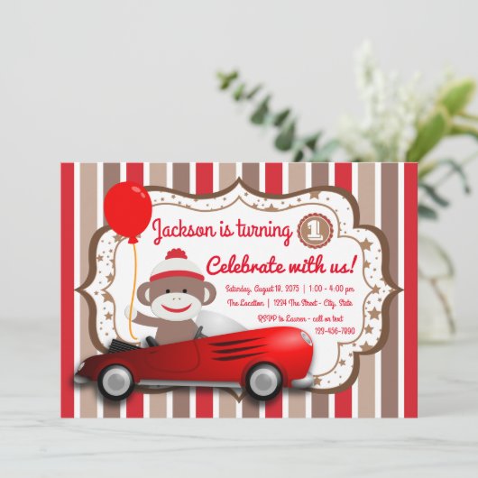 Sock Monkey 1st Verjaardag Uitnodiging (Staand voorkant)