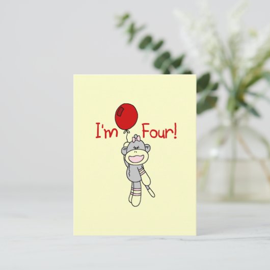 Sock Monkey 4e verjaardag Tshirts en geschenken Briefkaart (Staand voorkant)