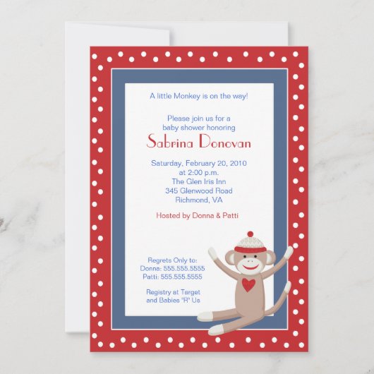 Sock Monkey 5x7 Baby shower Invitation (Red/Denim) Kaart (Voorkant)
