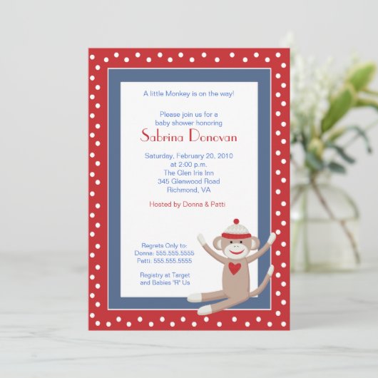 Sock Monkey 5x7 Baby shower Invitation (Red/Denim) Kaart (Staand voorkant)