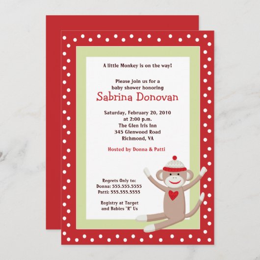 Sock Monkey 5x7 Baby shower Invitation (rood) Kaart (Voorkant / Achterkant)