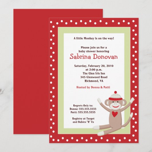 Sock Monkey 5x7 Baby shower Invitation (rood) Kaart (Voorkant / Achterkant)