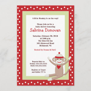 Sock Monkey 5x7 Baby shower Invitation (rood) Kaart