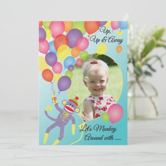 Sock Monkey and Balloons Photo Insert Party Uitnod Kaart (Staand voorkant)
