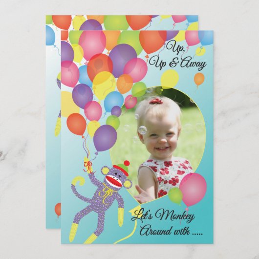 Sock Monkey and Balloons Photo Insert Party Uitnod Kaart (Voorkant / Achterkant)