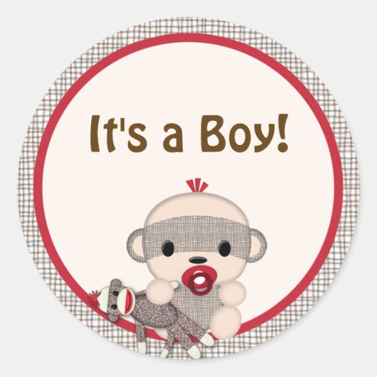 SOCK MONKEY Baby shower blank Ronde jongen #5 Sticker (Voorkant)