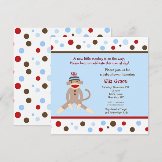 Sock Monkey Baby Shower Invitting Boy Kaart (Voorkant / Achterkant)