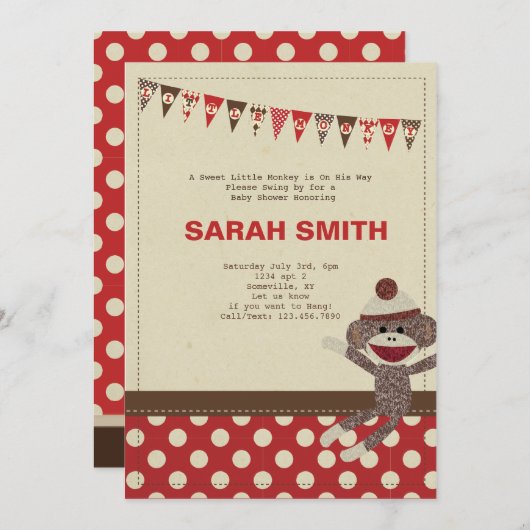Sock Monkey Baby shower nodigt uit Kaart (Voorkant / Achterkant)