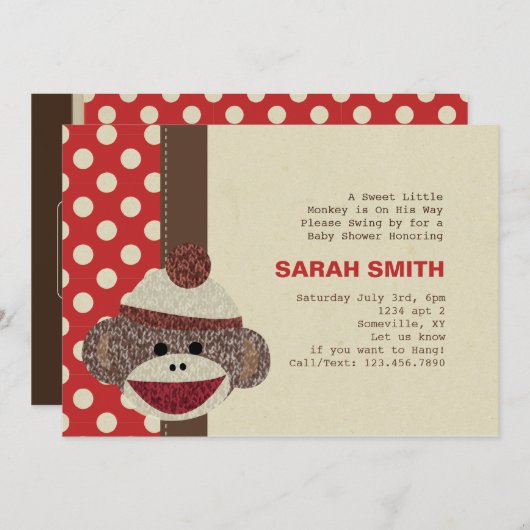 Sock Monkey Baby shower nodigt uit Kaart (Voorkant / Achterkant)