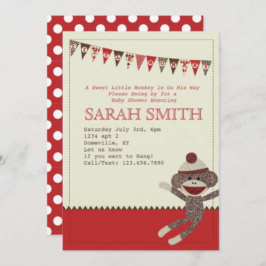 Sock Monkey Baby shower nodigt uit Kaart (Voorkant / Achterkant)