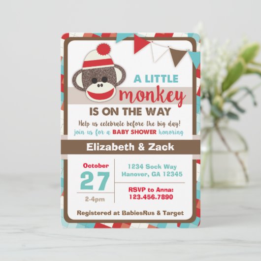 Sock Monkey Baby shower Uitnodiging (Staand voorkant)
