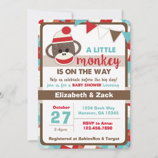 Sock Monkey Baby shower Uitnodiging (Voorkant)