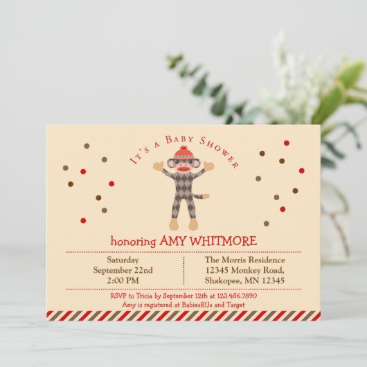 Sock Monkey Baby shower Uitnodiging (Staand voorkant)