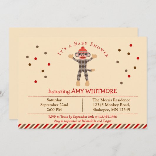 Sock Monkey Baby shower Uitnodiging (Voorkant / Achterkant)