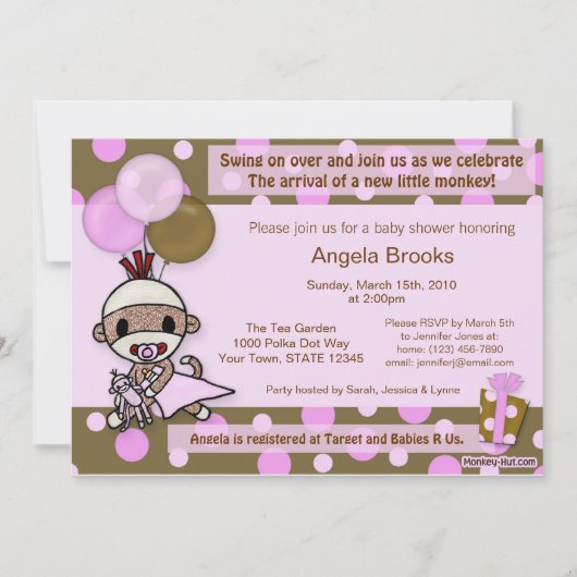 Sock Monkey Baby shower Uitnodiging Schattig PINK (Voorkant)