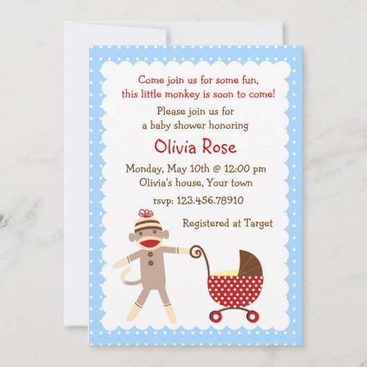 Sock Monkey Baby Shower-uitnodigingen Kaart (Voorkant)