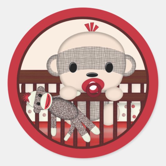 SOCK MONKEY Baby shower Wieg Seal Ronde Jongen Ronde Sticker (Voorkant)