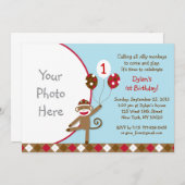 Sock Monkey Balloon Foto Birthday-uitnodigingen Kaart (Voorkant / Achterkant)