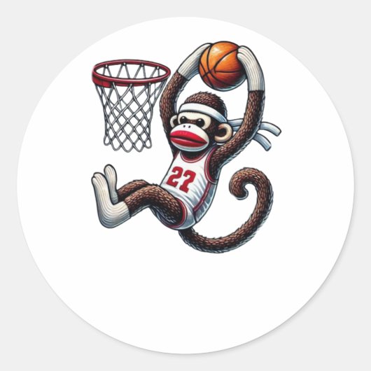 Sock Monkey Basketball Hoop Ronde Sticker (Voorkant)