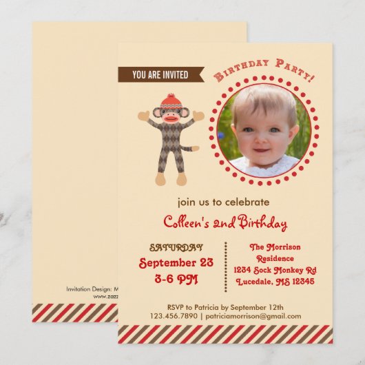 Sock Monkey Birthday Foto Uitnodiging (Voorkant / Achterkant)