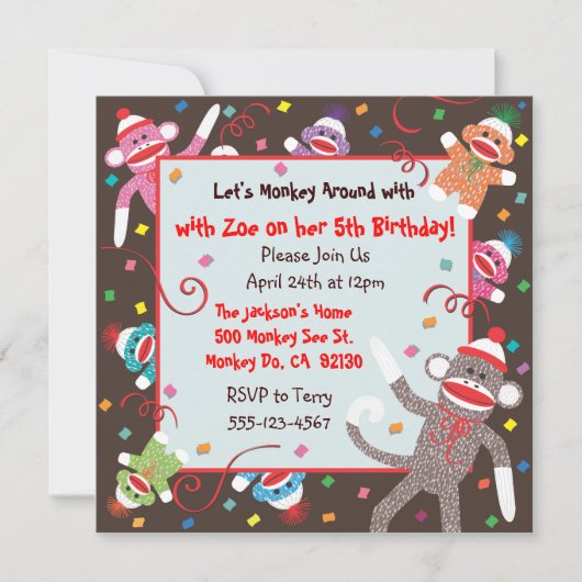 Sock Monkey Birthday Party Invitation Card Kaart (Voorkant)