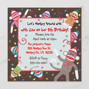 Sock Monkey Birthday Party Invitation Card Kaart