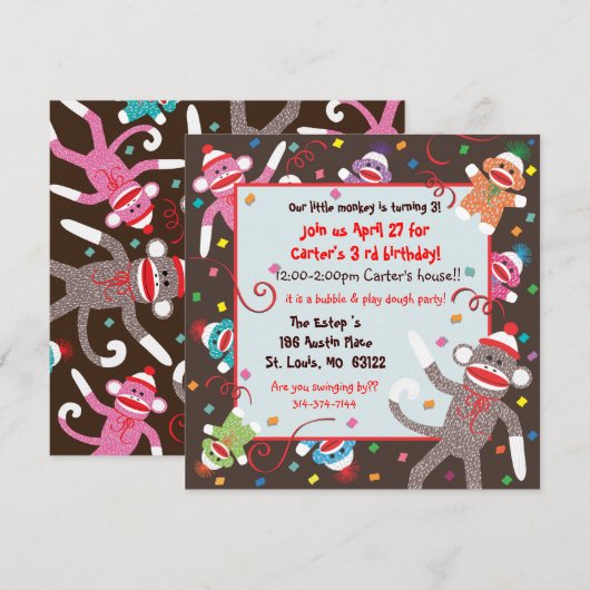 Sock Monkey Birthday Party Invitation Card Kaart (Voorkant / Achterkant)