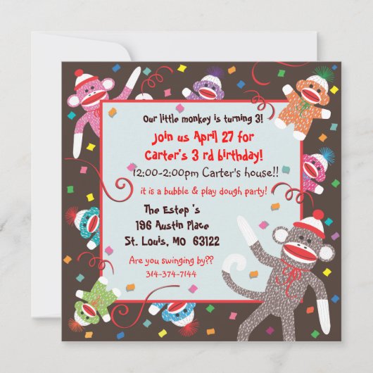 Sock Monkey Birthday Party Invitation Card Kaart (Voorkant)