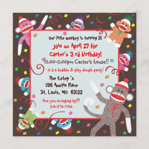 Sock Monkey Birthday Party Invitation Card Kaart