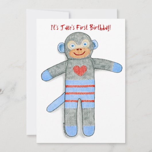 Sock Monkey Birthday Party Invitation Kaart (Voorkant)