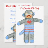 Sock Monkey Birthday Party Invitation Kaart (Voorkant / Achterkant)