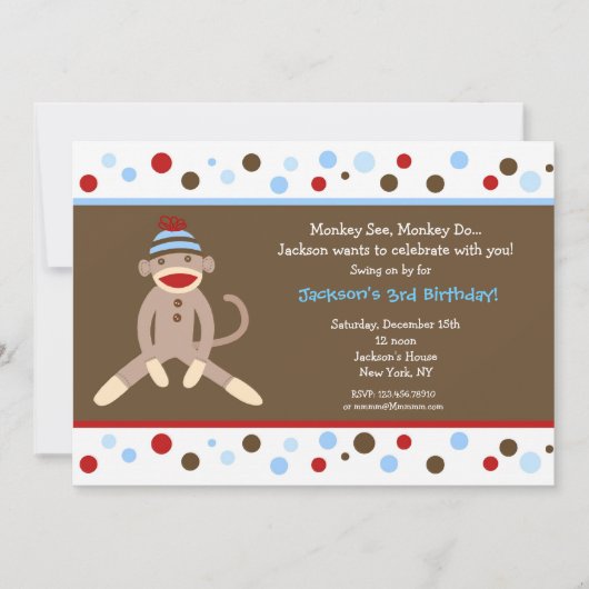 Sock Monkey Birthday Party Invitations Boy Kinder Kaart (Voorkant)