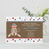 Sock Monkey Birthday Party Invitations Boy Kinder Kaart (Staand voorkant)