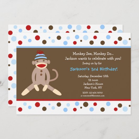 Sock Monkey Birthday Party Invitations Boy Kinder Kaart (Voorkant / Achterkant)