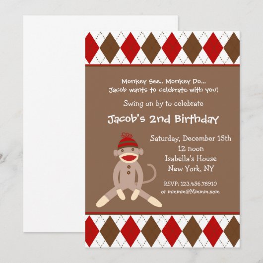 Sock Monkey Birthday Party Kaart (Voorkant / Achterkant)