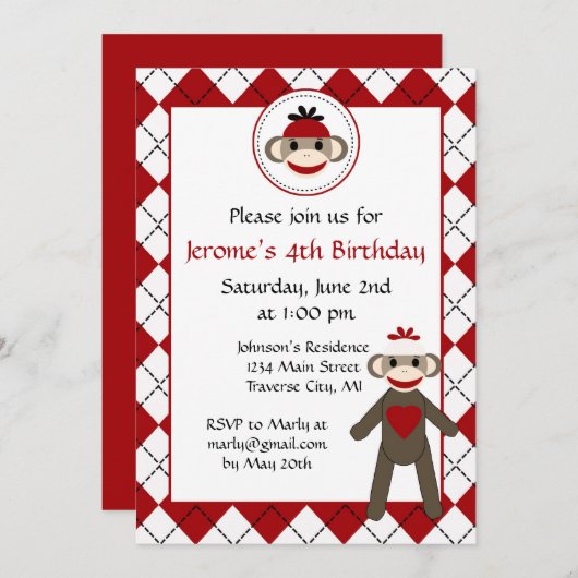 Sock Monkey Birthday Party Kaart (Voorkant / Achterkant)