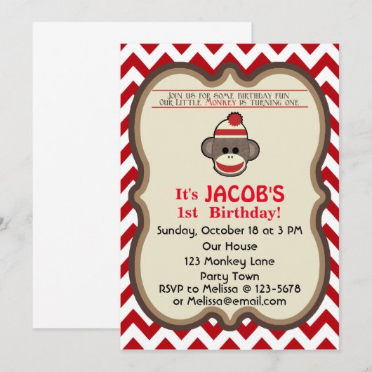 Sock Monkey Birthday Party uitnodiging - aanpassen (Voorkant / Achterkant)