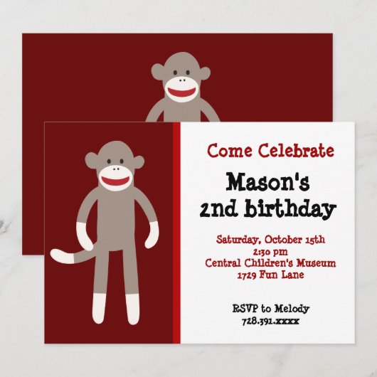 Sock Monkey Birthday Party-uitnodigingen Kaart (Voorkant / Achterkant)
