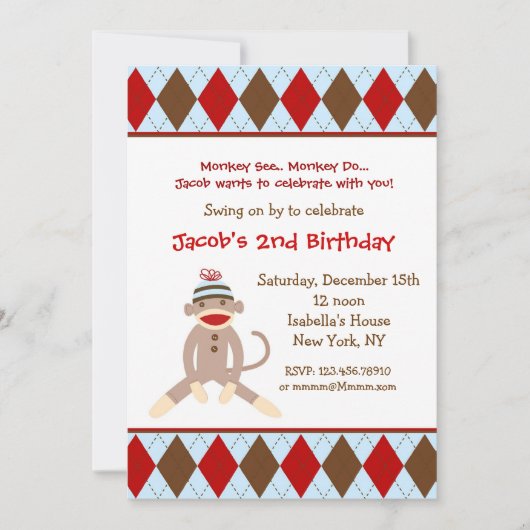 Sock Monkey Birthday Party-uitnodigingen Kaart (Voorkant)