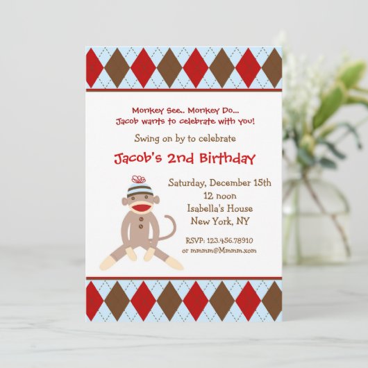 Sock Monkey Birthday Party-uitnodigingen Kaart (Staand voorkant)