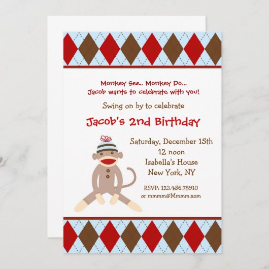 Sock Monkey Birthday Party-uitnodigingen Kaart (Voorkant / Achterkant)