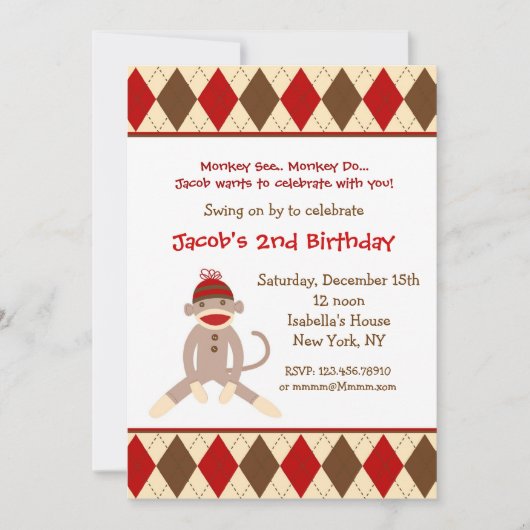 Sock Monkey Birthday Party-uitnodigingen Kaart (Voorkant)