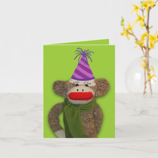 Sock Monkey Birthday Pet Kaart (Gele Bloem)