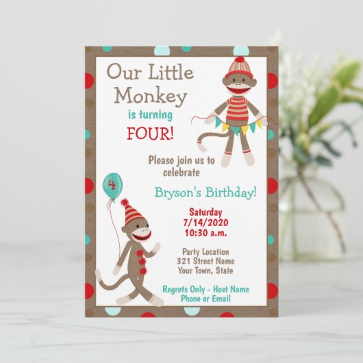 Sock Monkey Birthday Uitnodiging (Staand voorkant)